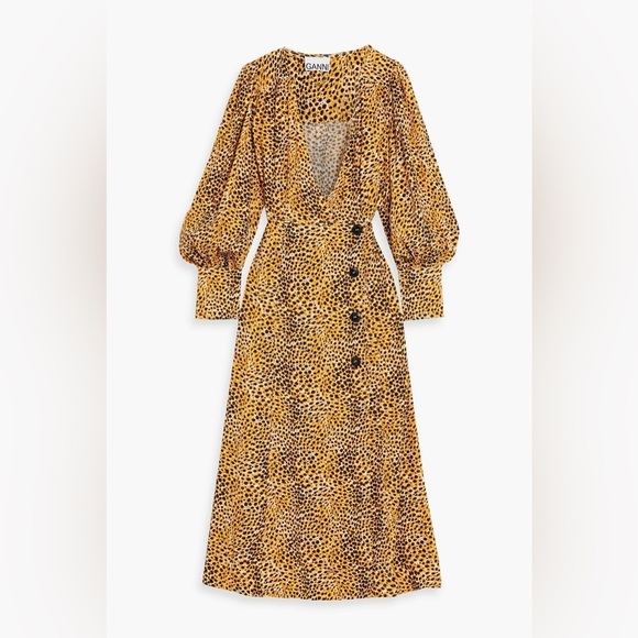 Ganni Wrap-effect Yellow Leopard Print Crepe Buttoned Midi Dress Long Sleeve 42 - Picture 16 of 16
